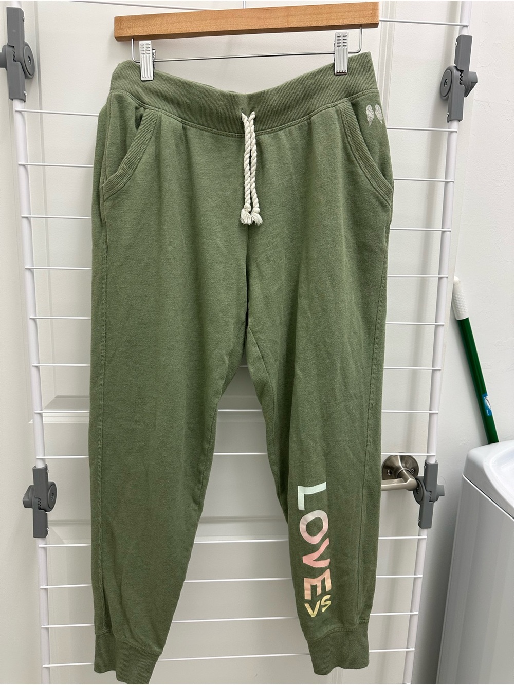 Victoria's Secret Olive Green Joggers with Multicolor LOVE VS Logo